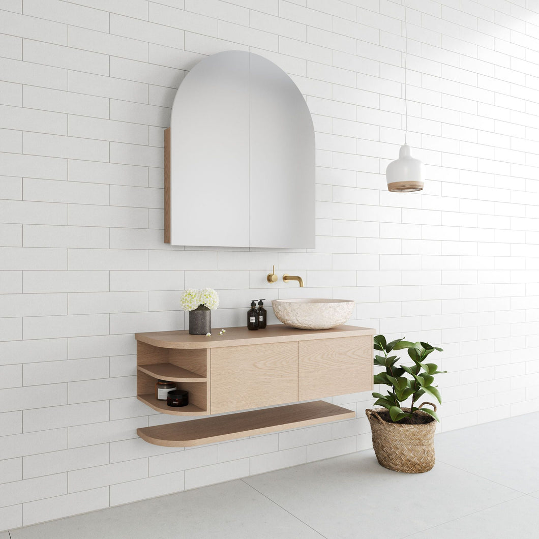 Wall hung bathroom vanity, curved shelving with floating shelf