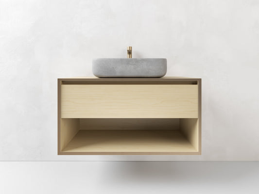 Wall hung vanity, made from Plywood, 1 drawer with an open shelf