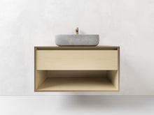 Load image into Gallery viewer, Wall hung vanity, made from Plywood, 1 drawer with an open shelf
