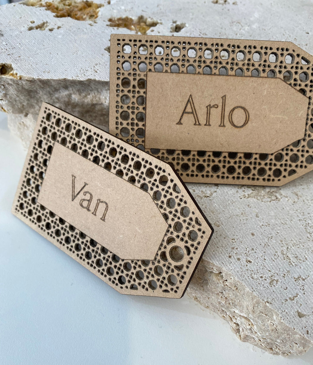 Handmade gift tags from recycled MDF