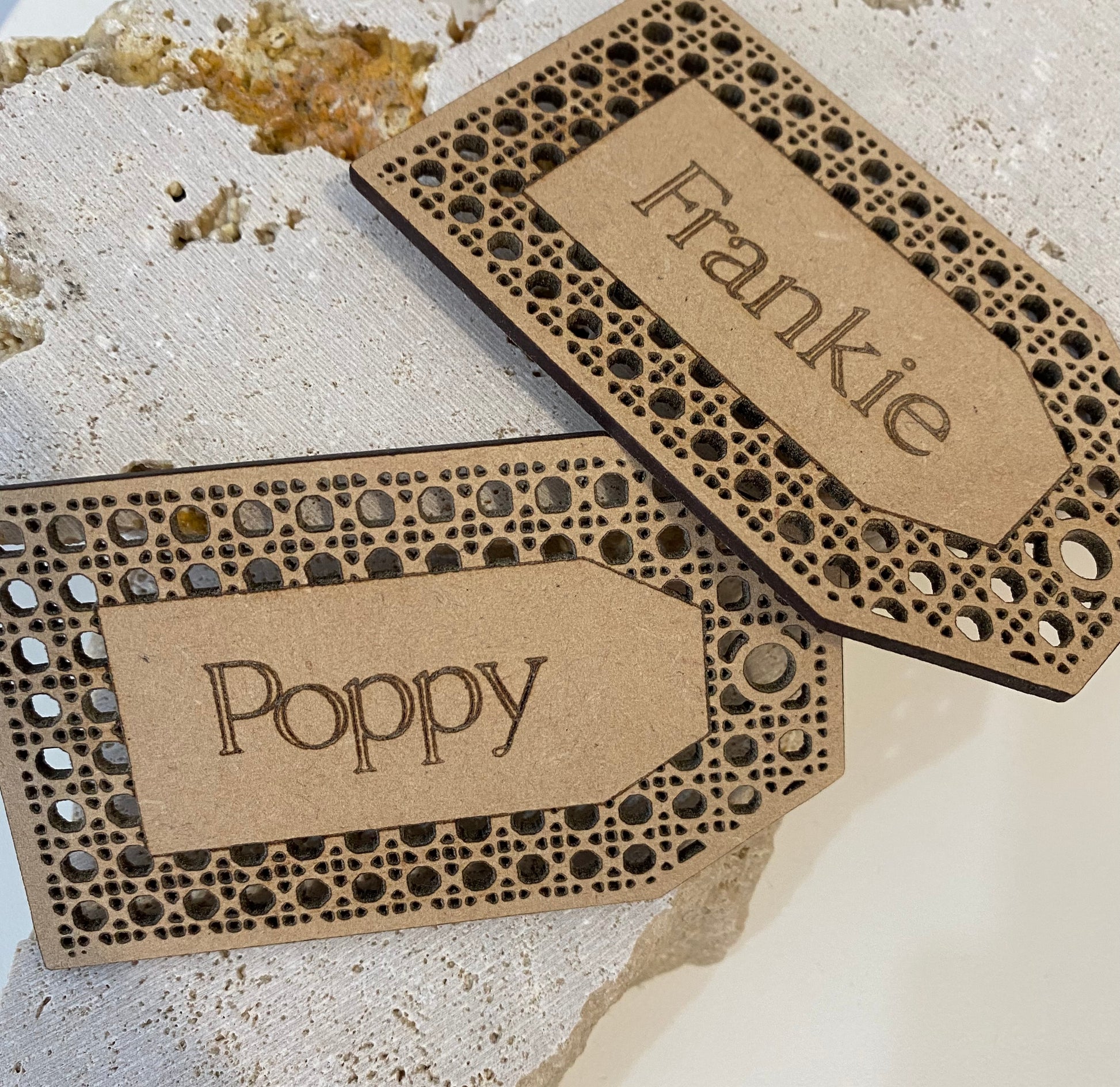 Handmade gift tags from recycled MDF